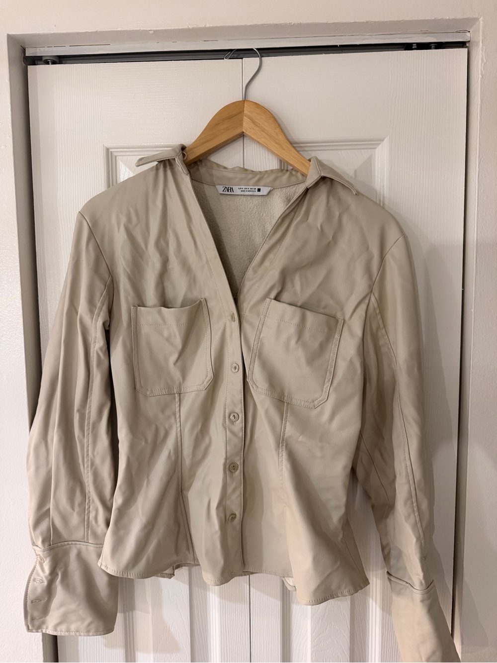 Zara Cream Button-Front Faux Leather Shirt Jacket